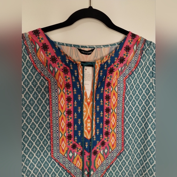 Feitong colorful printed moroccan boho popover mini dress tunic top - Picture 4 of 13